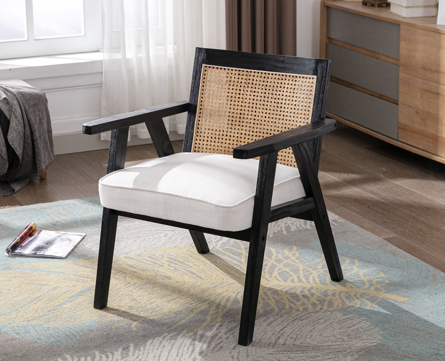 Guyou Modern Rattan Accent Chair, Mid-century French Farmhouse Upholstered Solid Wood Armchair Reading Chair, Retro Dining Chair with Woven Back and Black Base, White Fabric