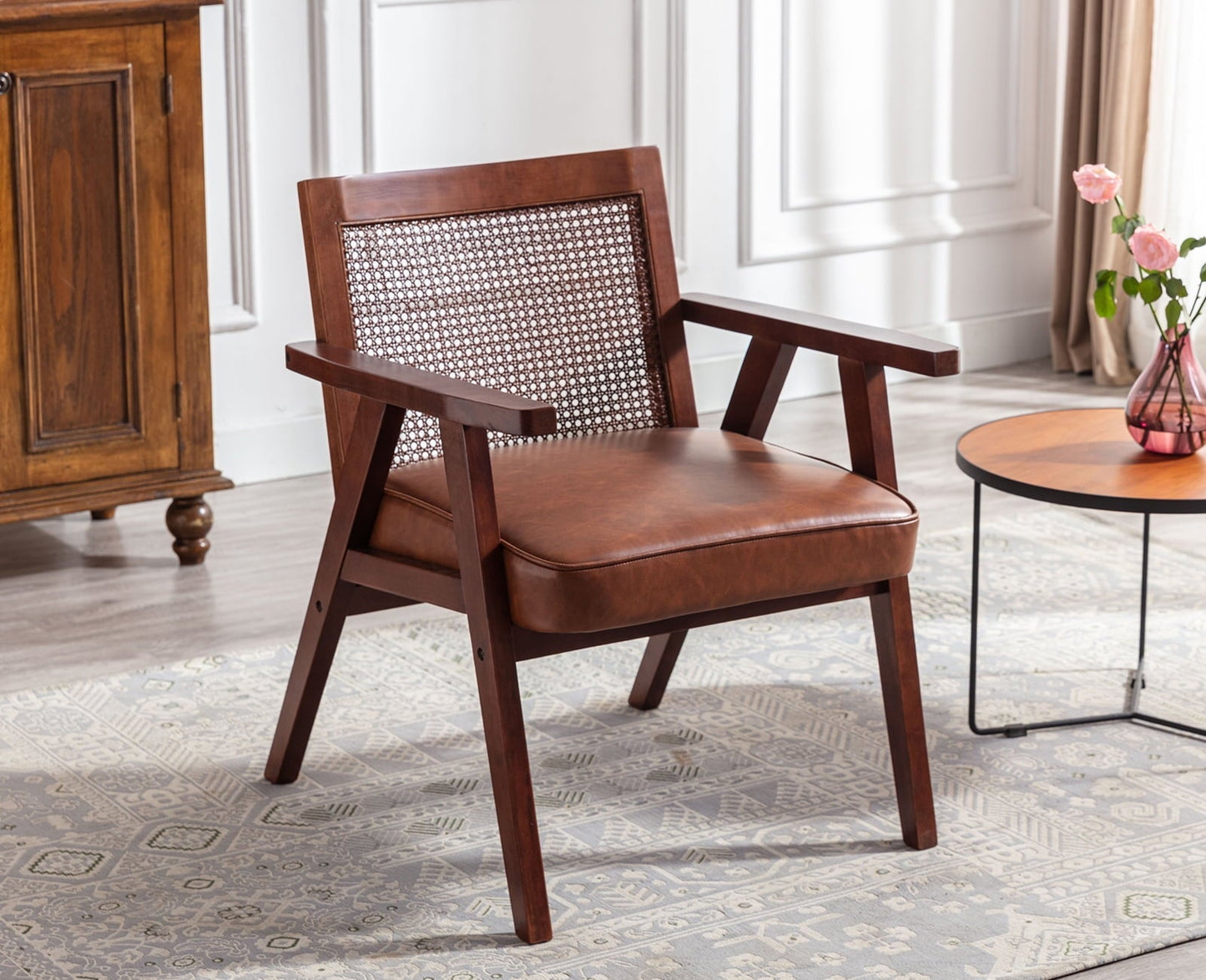 Guyou Modern Rattan Accent Chair, Mid-century French Farmhouse Upholstered Solid Wood Armchair Reading Chair, Retro Dining Chair with Woven Back and Brown Base, Brown Fabric