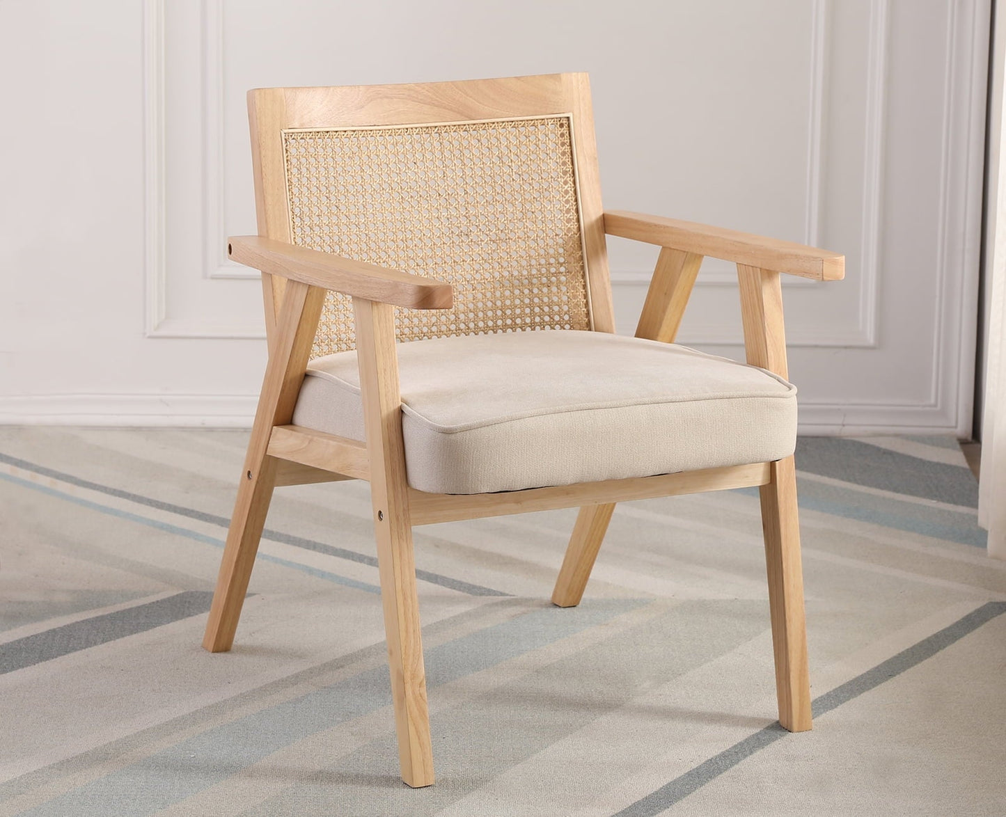 Guyou Modern Rattan Accent Chair, Mid-century French Farmhouse Upholstered Solid Wood Armchair Reading Chair, Retro Dining Chair with Woven Back and Natural Base, Beige Fabric