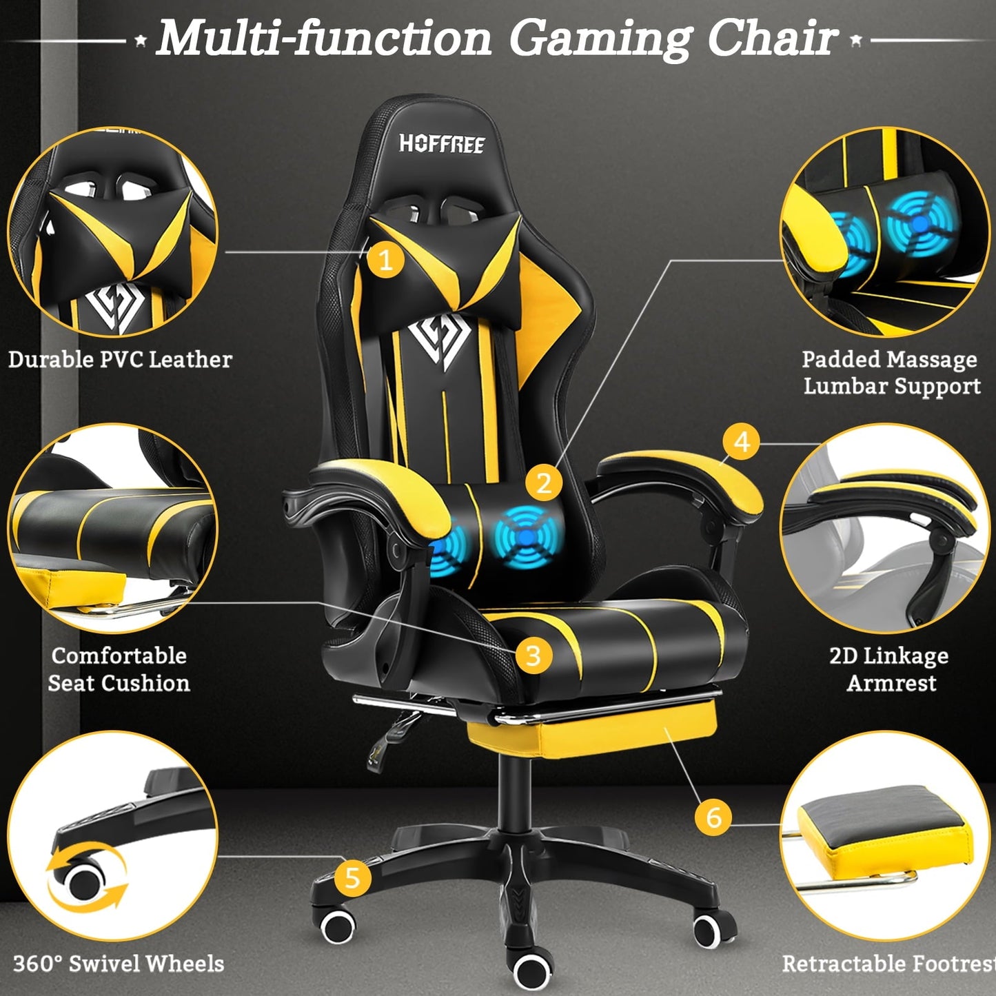 Gaming Chair with Bluetooth Speaker, Ergonomic Massage Racing Chair with RGB Lights, Footrest and Lumbar Support, High Back Office Chair, Heavy Duty Design Gaming Computer Chair