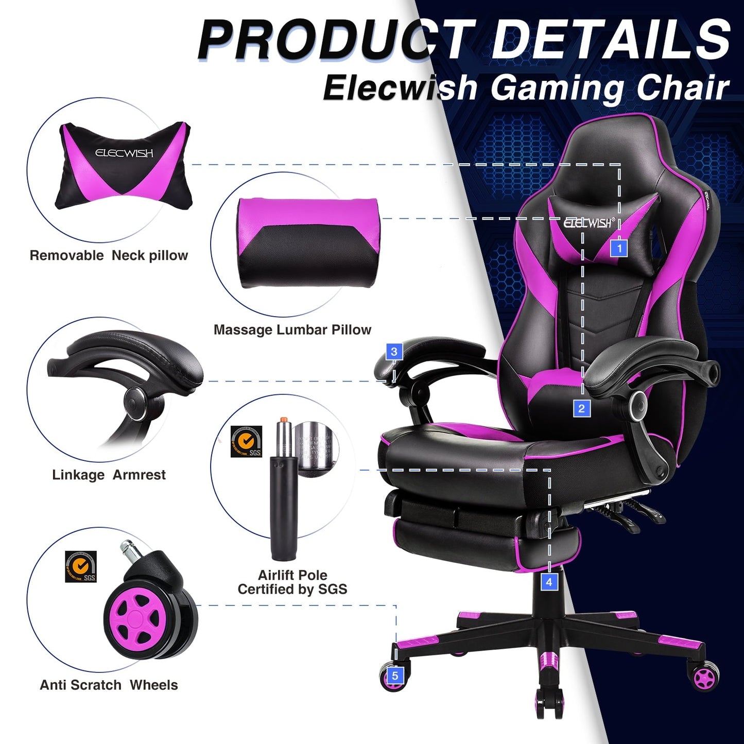 FULLWATT Video Gaming Chair Office Chair Ergonomic PC Computer Chair Reclining Racing Chair with High Back Swivel Executive Office Desk Chair with Extendable Footrest Adjustable Lumbar Pillow Puple