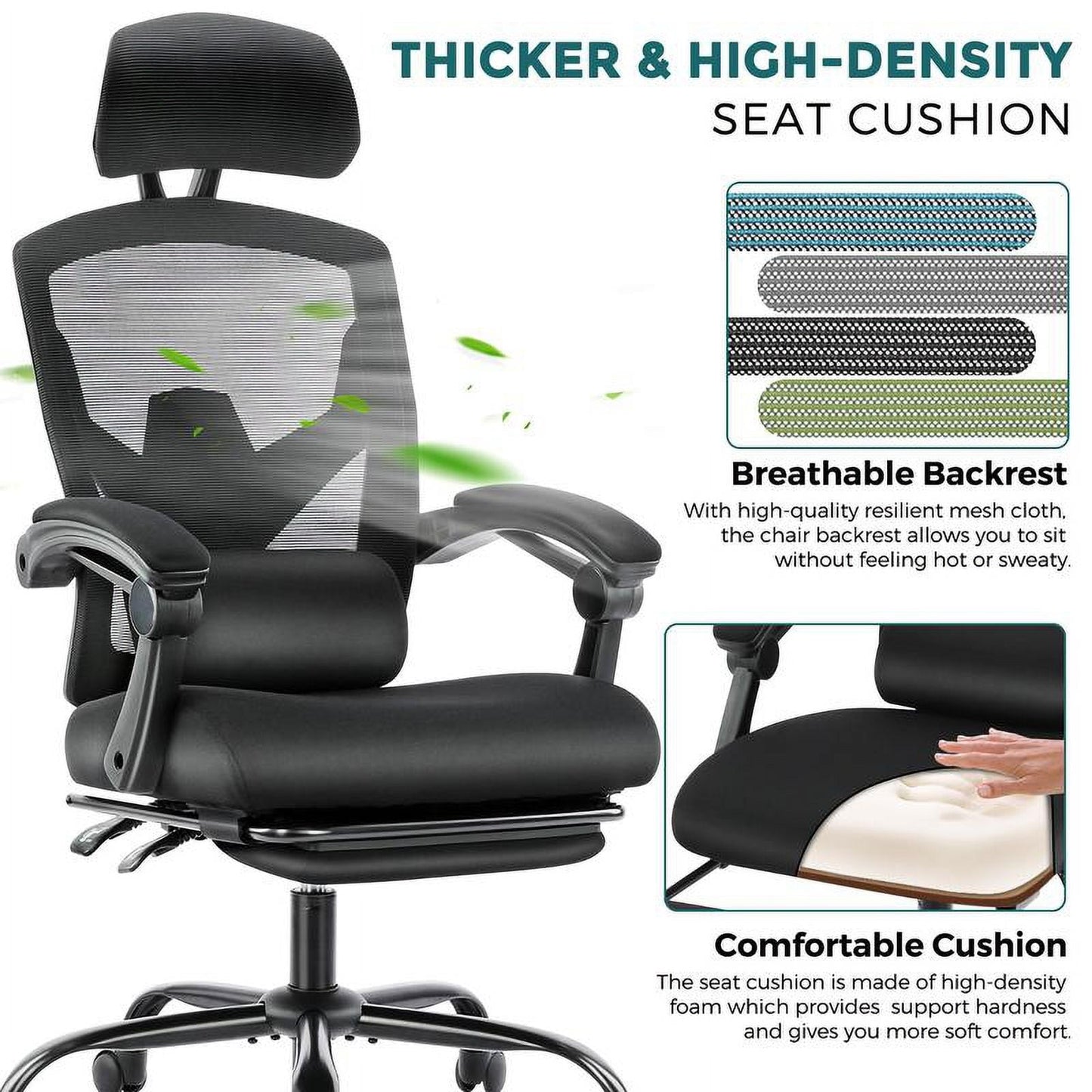 Ergonomic Office Chair Reclining Office Chair with Foot Rest, High Back Computer Desk Chair Mesh Swivel Rolling Task Chair with Lumbar Support Pillow, Adjustable Headrest, Padded Armrests