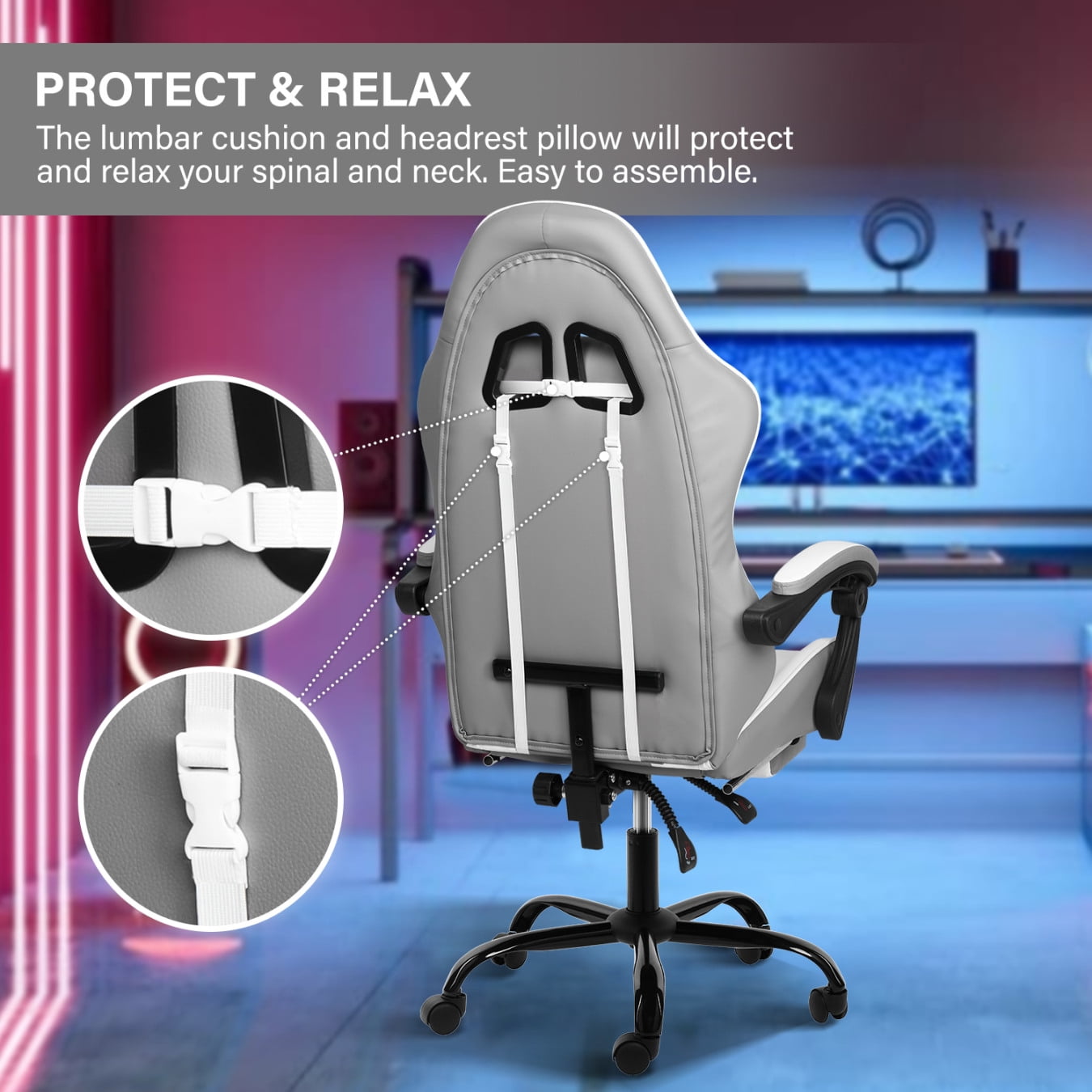 Gaming Chair with Racing Video Backrest, Office Computer Chair, High Back Ergonomic Adjustable Swivel Chair with Headrest and Lumbar Support, 400lb Capacity, 19.50'L x 24.25'W x 48.25'H