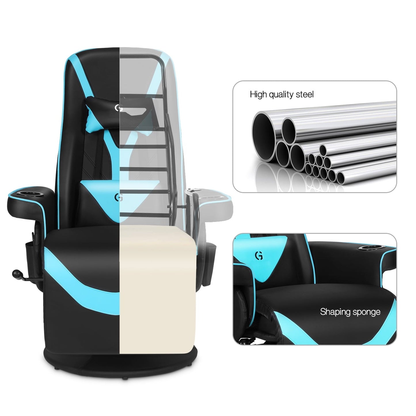 G-ROCKER Queen Throne Video Gaming Chair Ergonomic Recliner Racing Chair, High Back Swivel Chair with Footrest and Adjustable Backrest, Lumbar Support, Headrest and Cupholders, Black Blue