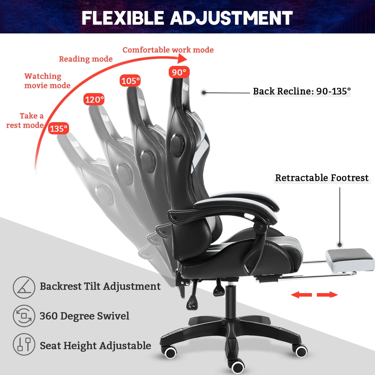 Gaming Chair with Bluetooth Speaker, Ergonomic Massage Racing Chair with RGB Lights, Footrest and Lumbar Support, High Back Office Chair, Heavy Duty Design Gaming Computer Chair