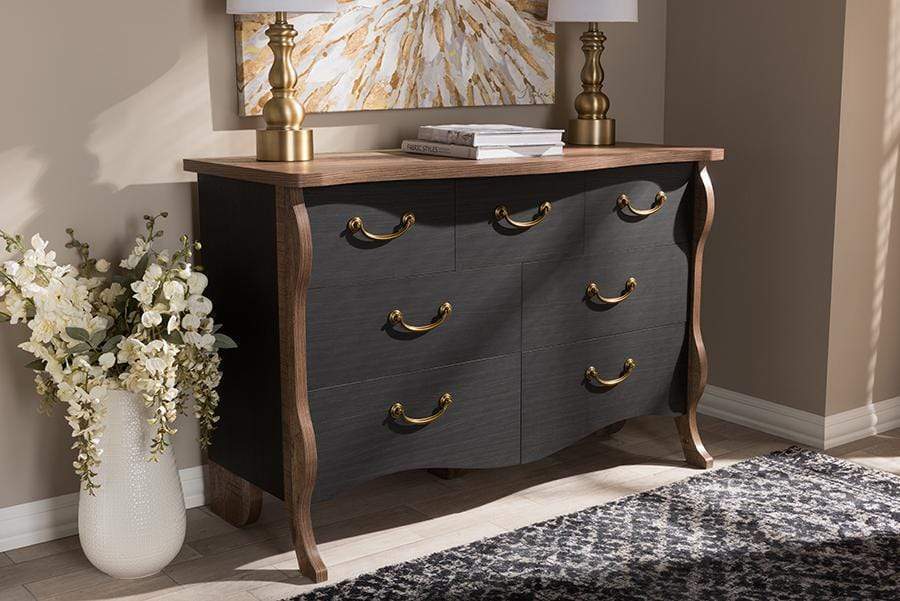 Romilly Country Cottage Farmhouse Black and Oak-Finished Wood 7-Drawer Dresser
