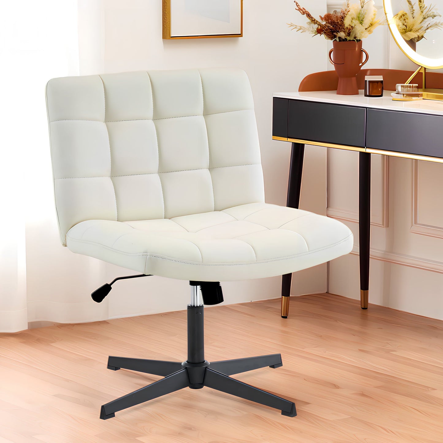 uhomepro Armless Office Chair with No Wheels, Modern Swivel Vanity Chair Height Adjustable Wide Seat Computer Task Chair, Mid-back Chair for Home, Office, Bedroom, Leather White