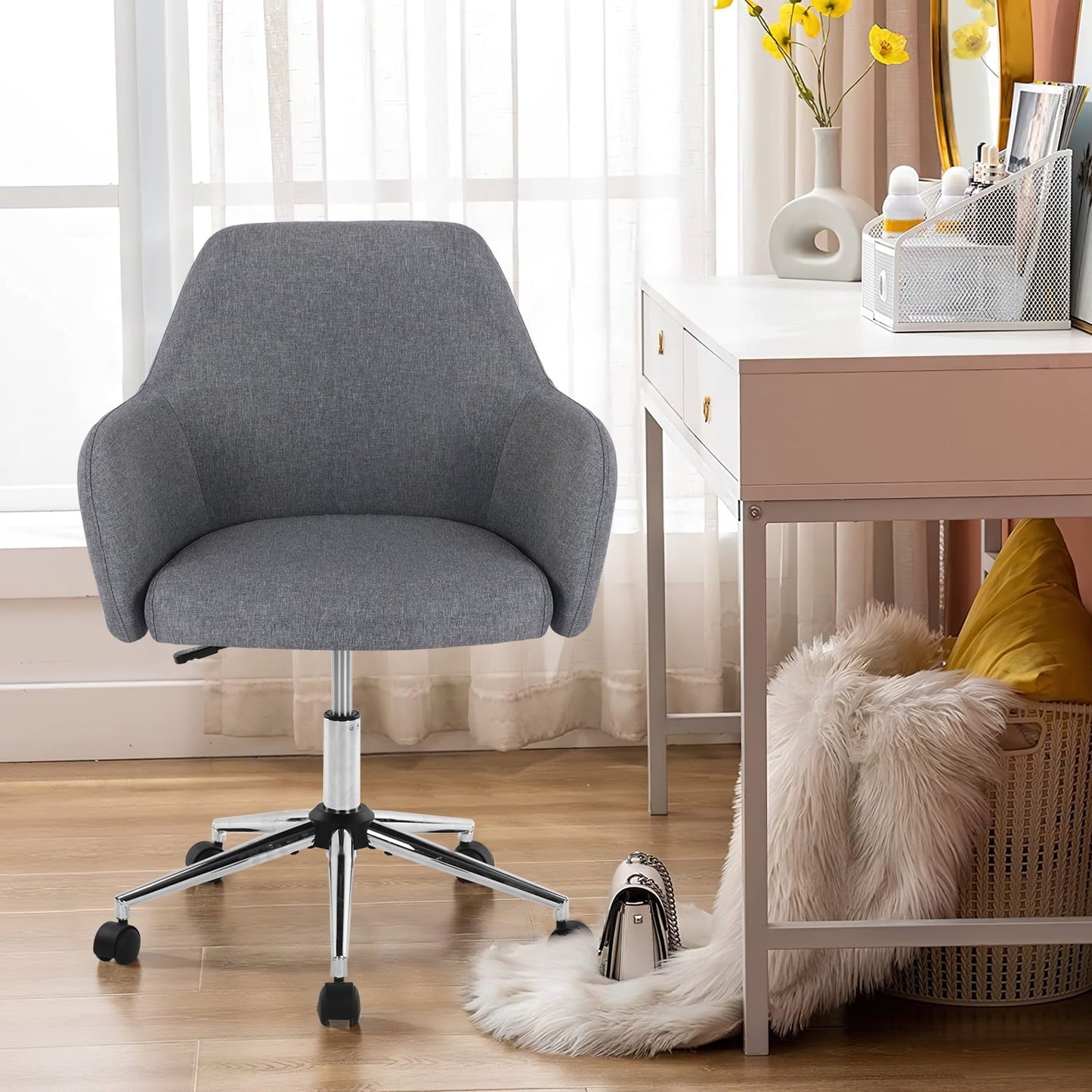 Syngar Accent Chair for Living Room, Linen Fabric Vanity Chair for Makeup Room, Modern Height Adjustable Office Chair with 360 Degree Swivel, Comfy Upholstered Armchair with Soft Backrest, Gray