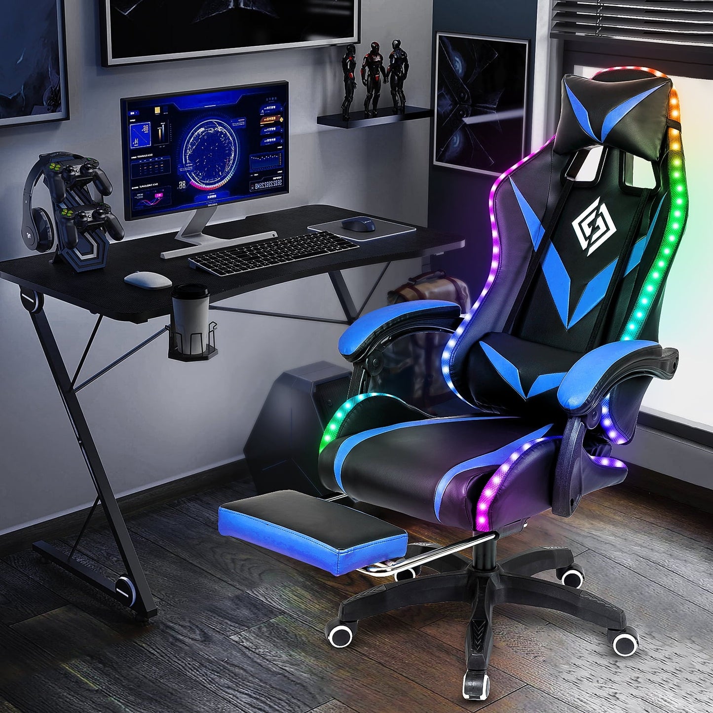 Geepro Massage Gaming Chair Office Chair with RGB LED Lights and Massage Lumbar Support, Ergonomic Racing Style Game Chair Swivel