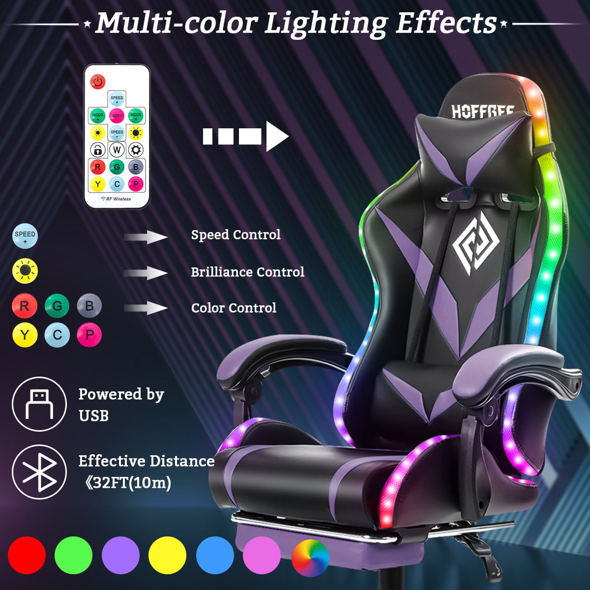 Geepro Ergonomic Gaming Chair with RGB LED Lights and Adjustable Footrest, Computer Game Chair Executive PU Leather Chair with Adjustable Headrest and Massage Vibration Lumbar Support, Linkage Armrest