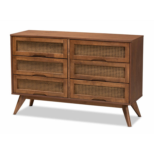 Barrett Mid-Century Modern Walnut Brown Finished Wood and Synthetic Rattan 6-Drawer Dresser