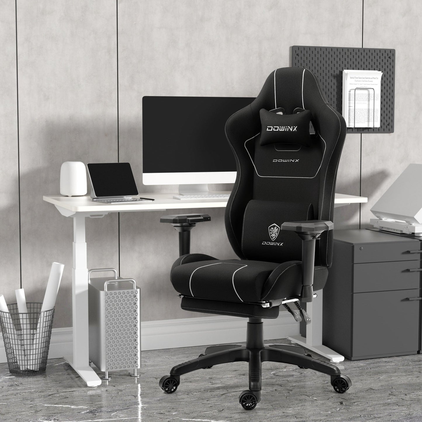 Dowinx Gaming Chair Tech Fabric with Pocket Spring Cushion, Ergonomic Computer Chair with Massage Lumbar Support and Footrest, Comfortable Reclining Game Office Chair 300lbs for Adult and Teen, Black