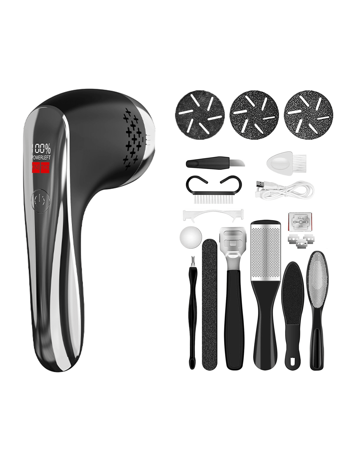 Foot File Pedicure Kit Tools Electric Callus Remover For Feet, Foot Scrubber Kits For Cracked Heels Dead Skin Battery Display, 2 Speed, 3 Roller Heads Callus Remover Kit Pedicure Set For Feet