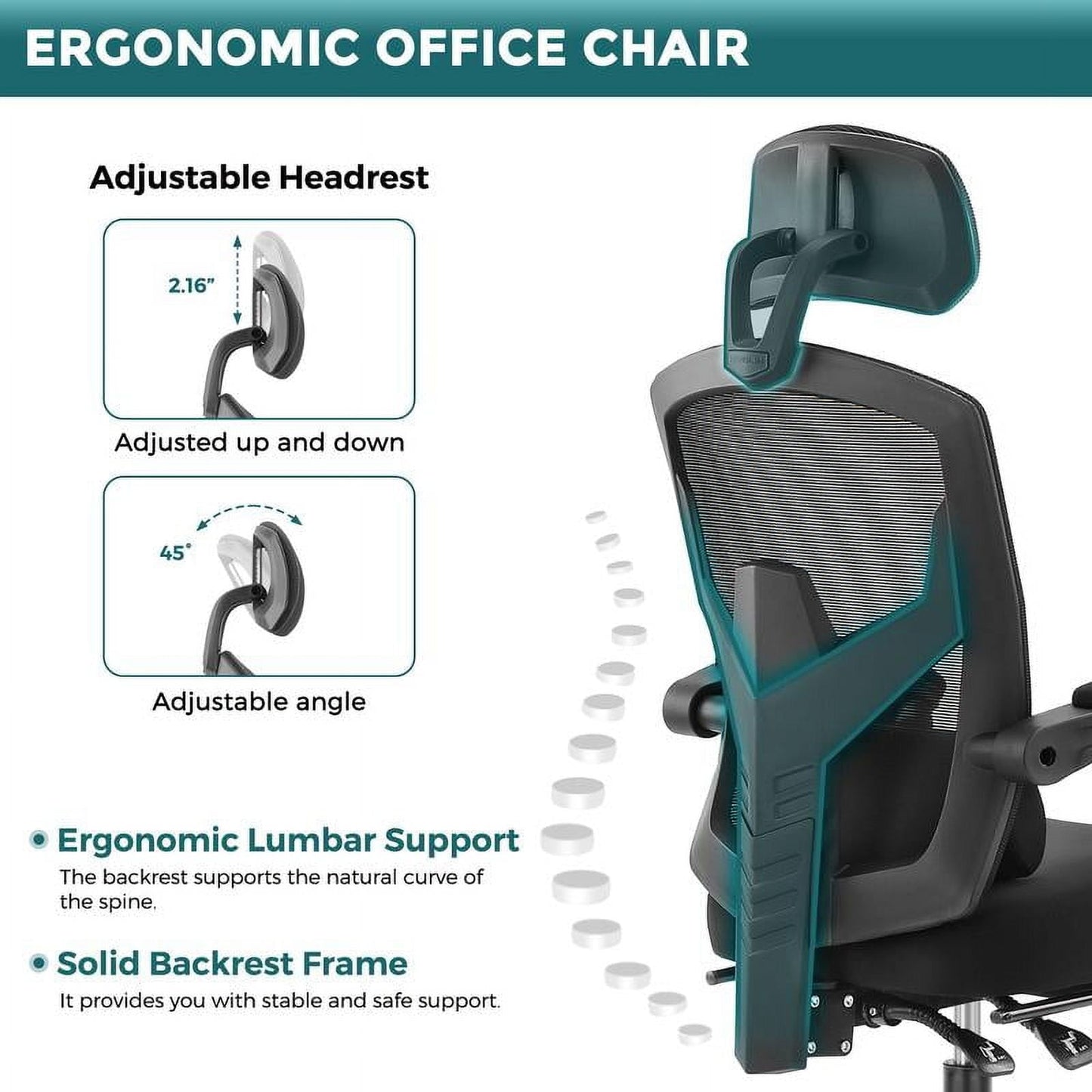 Ergonomic Office Chair Reclining Office Chair with Foot Rest, High Back Computer Desk Chair Mesh Swivel Rolling Task Chair with Lumbar Support Pillow, Adjustable Headrest, Padded Armrests