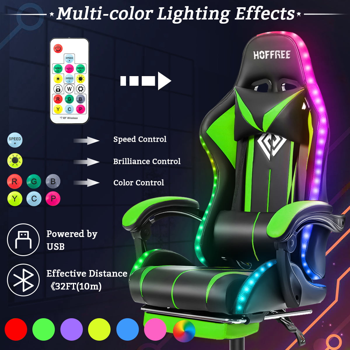 450lbs Load Gaming Chair with RGB LED Lights, Music Video Office Chair, Ergonomic Racing Computer Desk Chair with Headrest and Lumbar Support Esport Chairs for Aldults