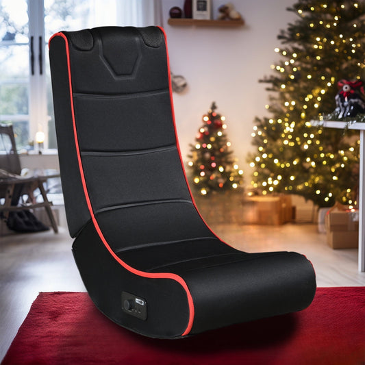 31.5' Floor Gaming Chair, Modern High-Back Gamer Chair with Onboard Speakers, Foldable Video Game Chair, Black + Red