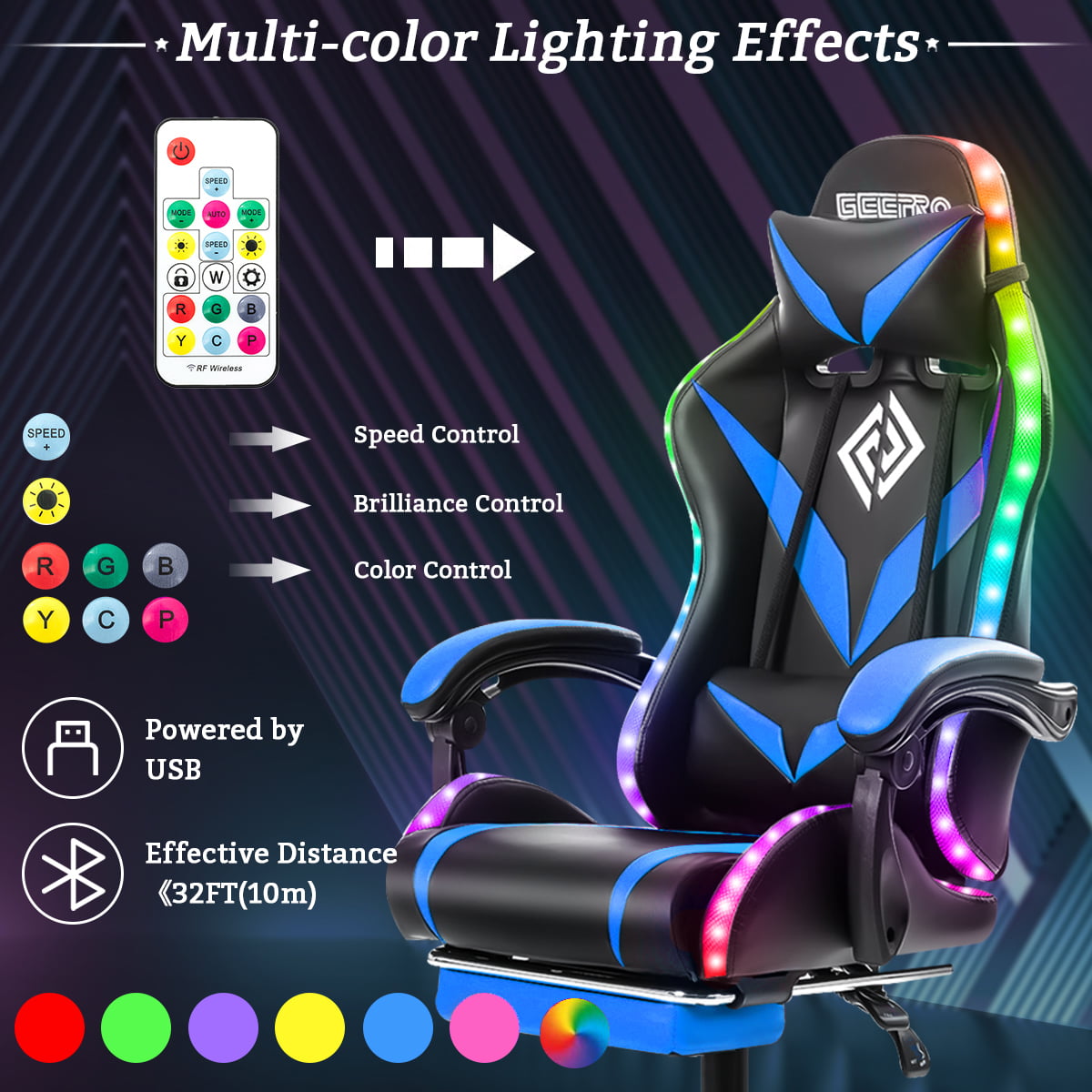 Geepro Ergonomic Gaming Chair with RGB LED Lights and Adjustable Footrest, Computer Game Chair Executive PU Leather Chair with Adjustable Headrest and Massage Vibration Lumbar Support, Linkage Armrest