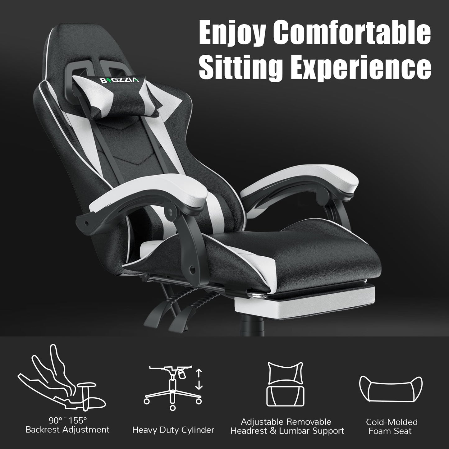 Bigzzia Gaming Chair with Footrest, Computer Chair with Lumbar Support Height Adjustable with 360¡ã-Swivel Seat and Headrest for Office or Gaming(White)