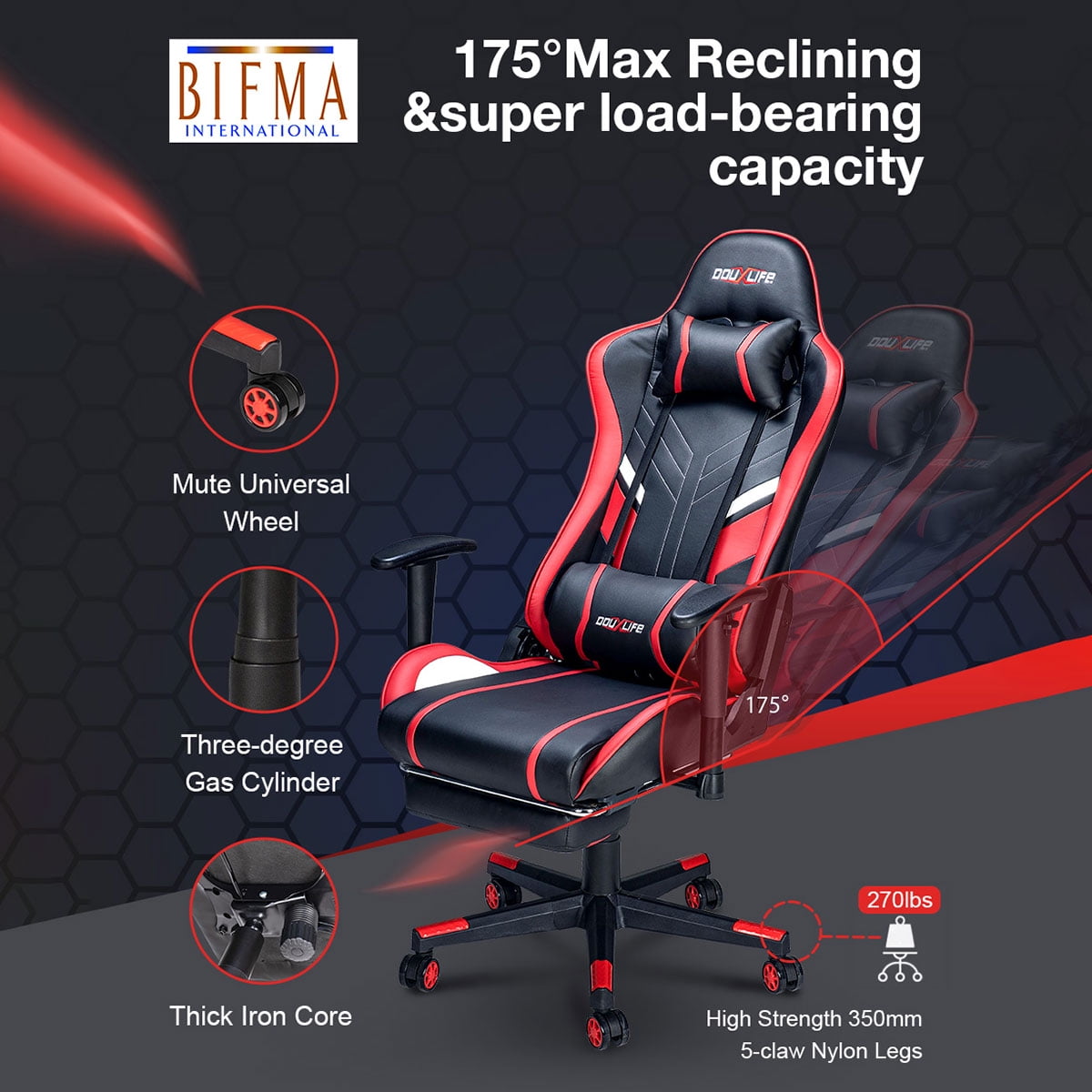 Douxlife Gaming Chair with Body Massage, 175 Degree Reclining, Adjustable Armrest, Office Computer Ergonomic Video Game Chair with Footrest