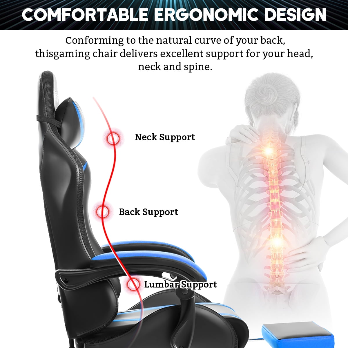 Geepro Ergonomic Gaming Chair with RGB LED Lights and Adjustable Footrest, Computer Game Chair Executive PU Leather Chair with Adjustable Headrest and Massage Vibration Lumbar Support, Linkage Armrest