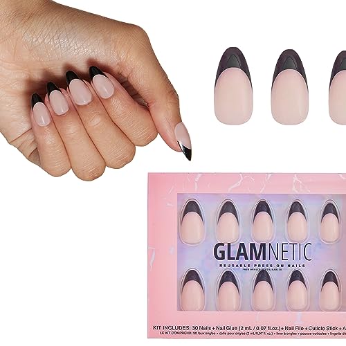 Glamnetic Press On Nails - Caviar | Semi-Transparent, Short Almond Nails, Reusable | 15 Sizes - 30 Nail Kit with Glue