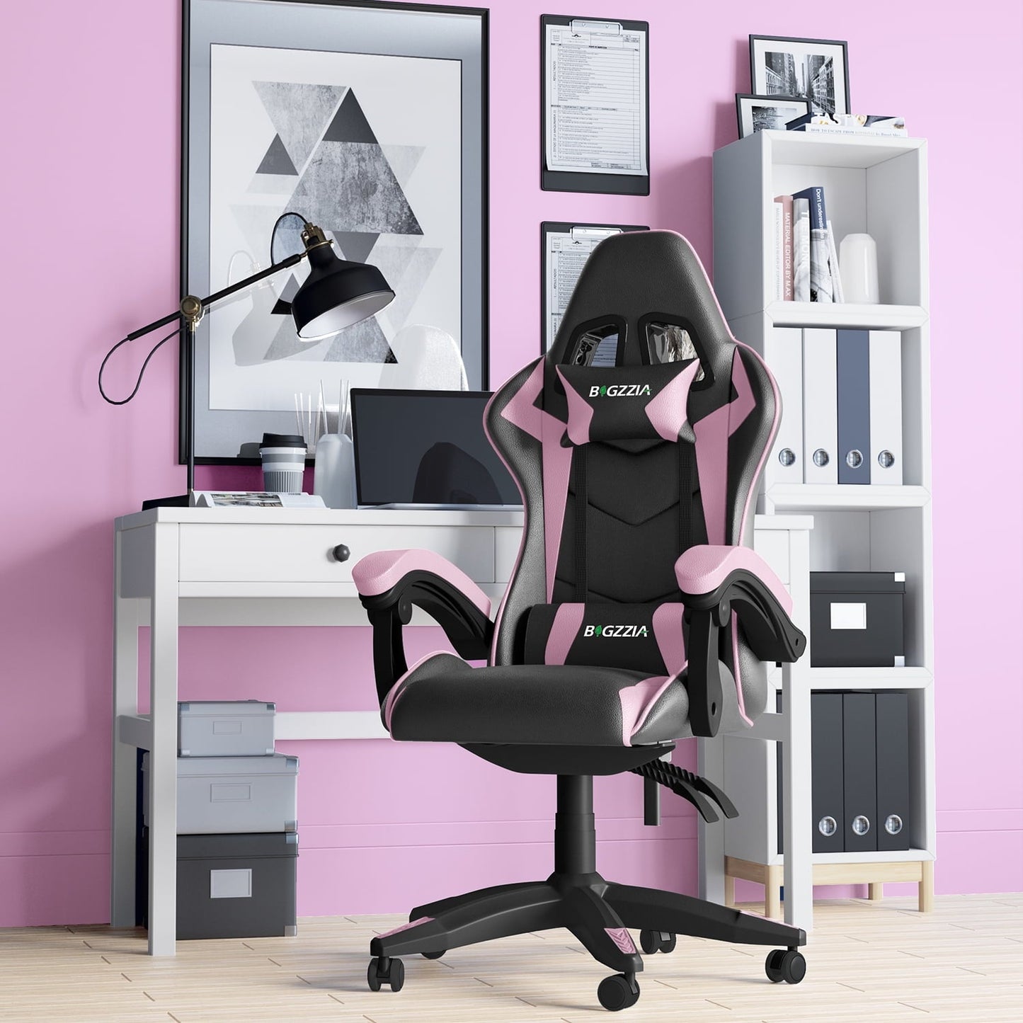 Bigzzia High-Back Gaming Chair PC Office Chair Computer Racing Chair PU Desk Task Chair Ergonomic Executive Swivel Rolling Chair with Lumbar Support for Back Pain Women, Men (Pink)