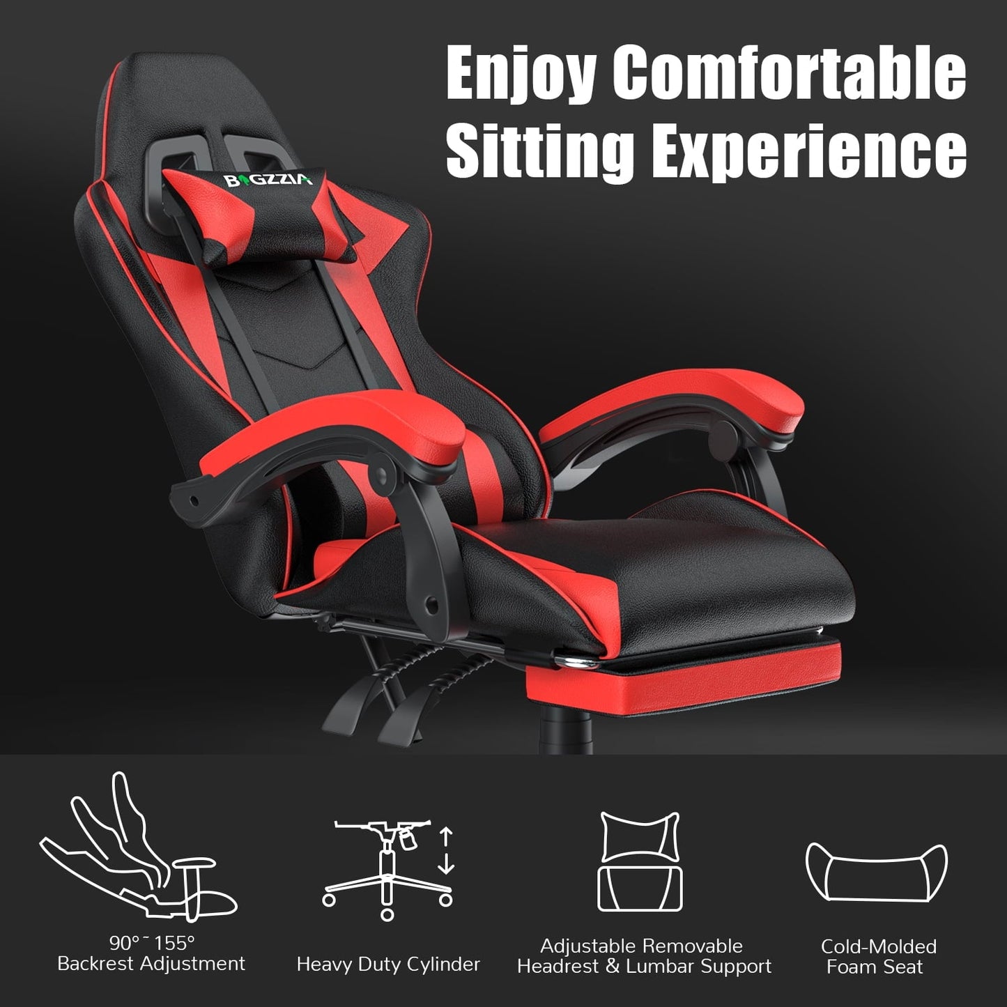 Bigzzia Gaming Chair with Footrest, Computer Chair with Lumbar Support Height Adjustable with 360¡ã-Swivel Seat and Headrest for Office or Gaming(Red)