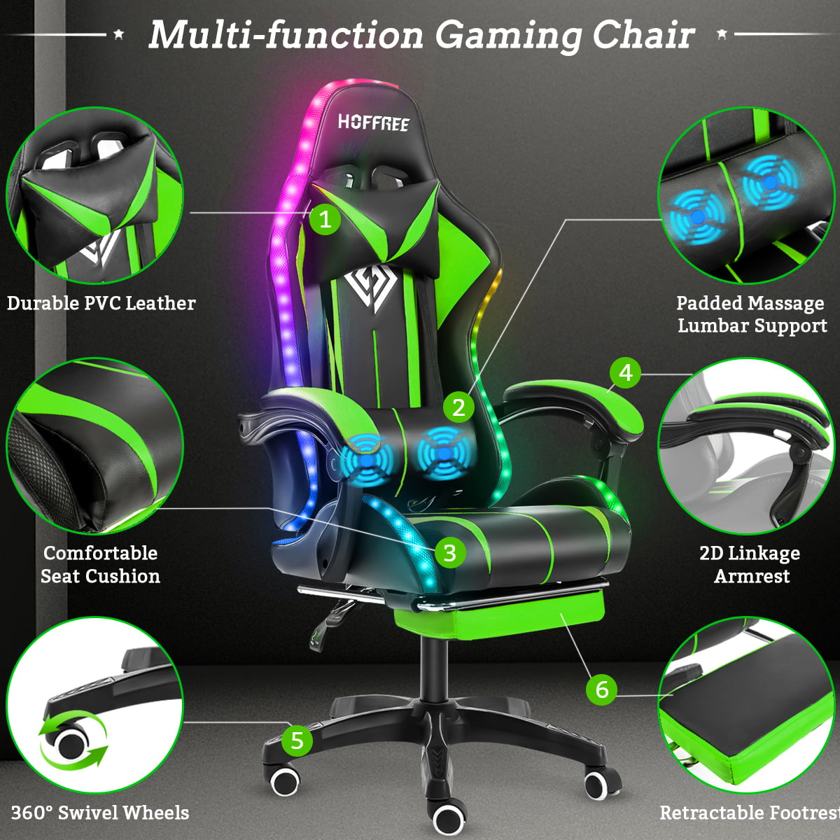 450lbs Load Gaming Chair with RGB LED Lights, Music Video Office Chair, Ergonomic Racing Computer Desk Chair with Headrest and Lumbar Support Esport Chairs for Aldults