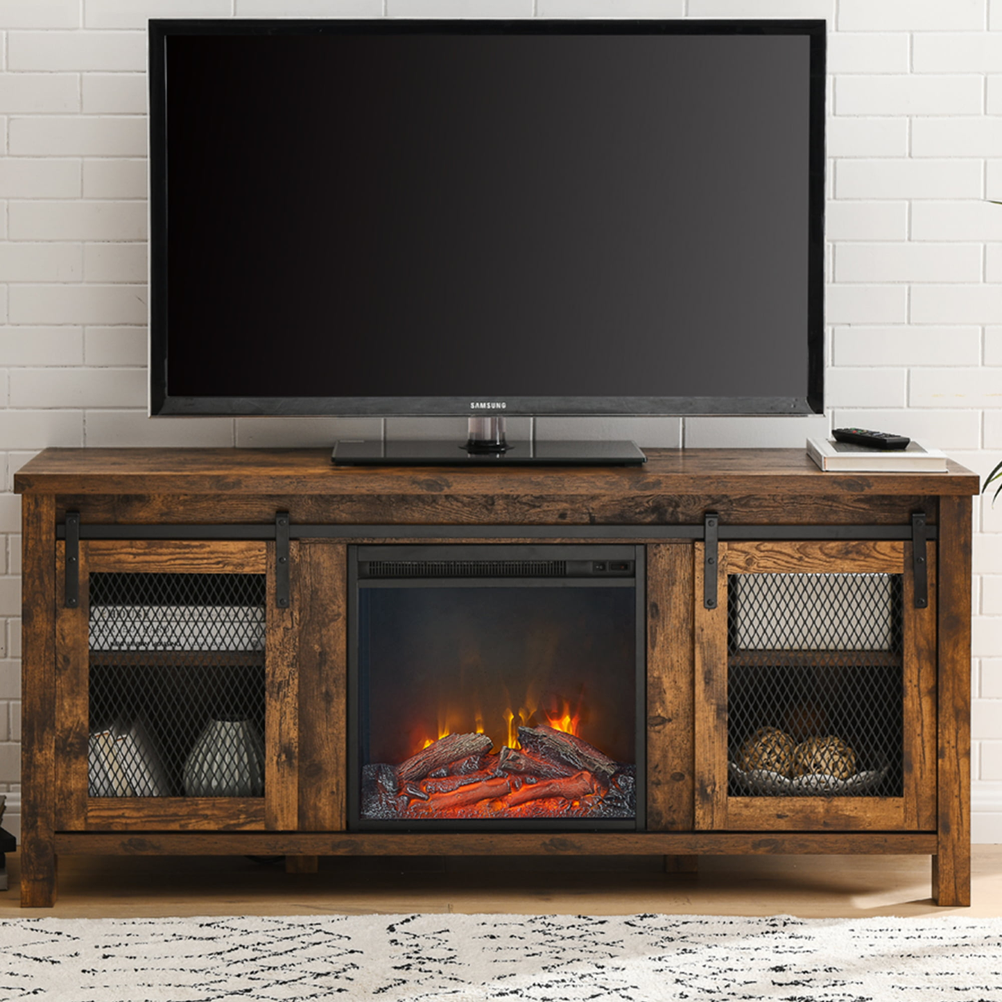 TV Stand with Fireplace, 58" Electric Fireplace Heater TV Stand for 65" Tvs, Wood Fake Fireplace Heater, Electric Fireplace Entertainment Center, Rustic Brown Furniture > Cabinets & Storage > Ironing Centers SESSLIFE Brown