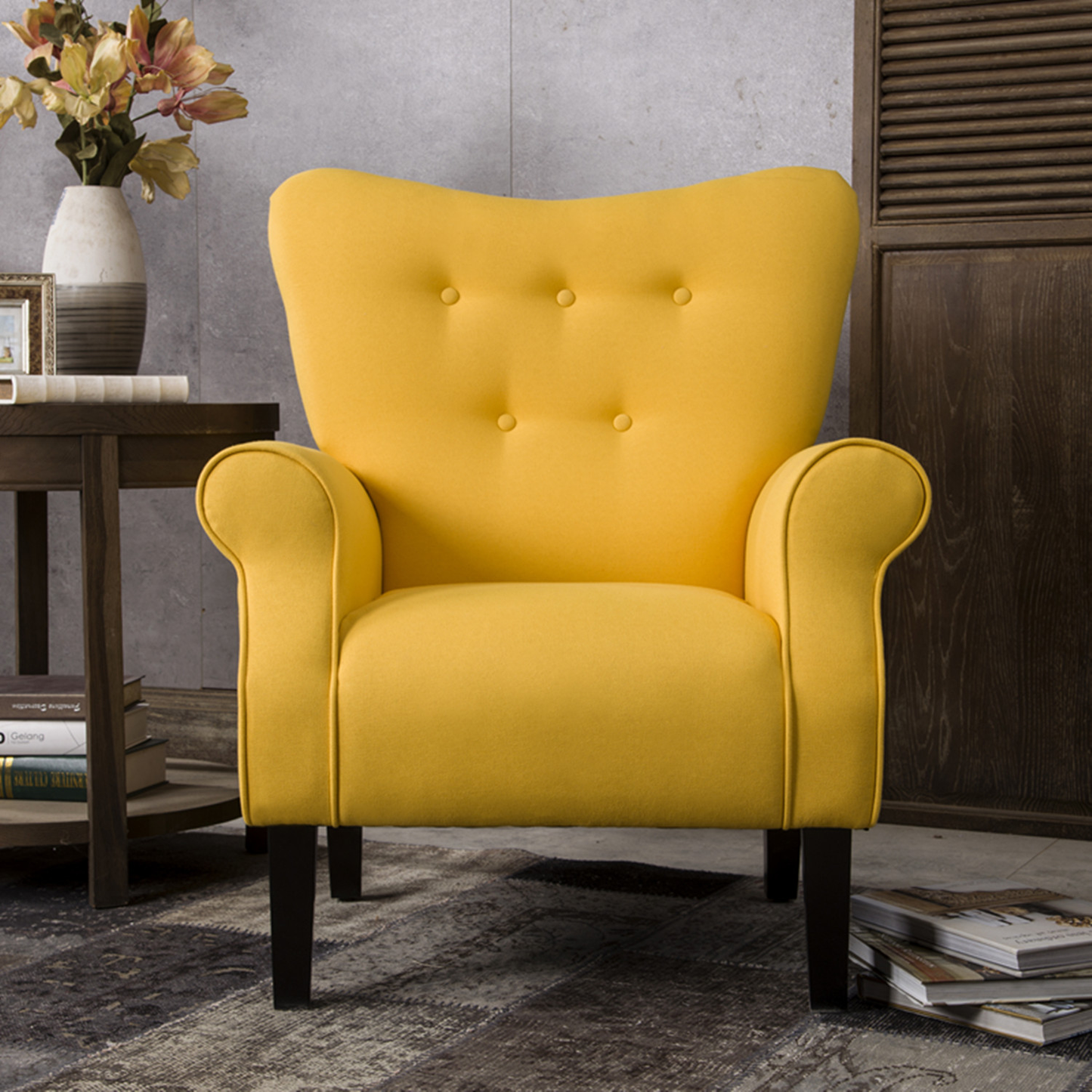 Accent Chair, Modern Button Tufted Wing Back Accent Chair with Wooden Leg and Thicken Cushion Upholstered Linen Leisure Lounge Chair with Roll Arm Single Sofa for Living Room Bedroom, Mallard Teal Furniture > Chairs > Arm Chairs, Recliners & Sleeper Chairs ARCTICSCORPION Yellow