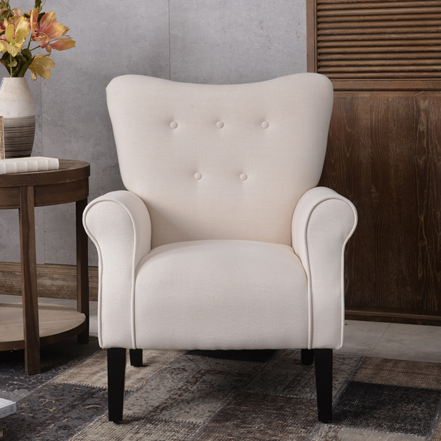 Accent Chair, Modern Button Tufted Wing Back Accent Chair with Wooden Leg and Thicken Cushion Upholstered Linen Leisure Lounge Chair with Roll Arm Single Sofa for Living Room Bedroom, Mallard Teal Furniture > Chairs > Arm Chairs, Recliners & Sleeper Chairs ARCTICSCORPION Cream