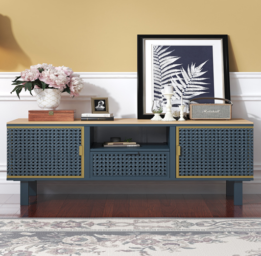 TV Stand with Storage Cabinet, Television Stands Entertainment Center with Shelves, Made of Iron and Carbonized Bamboo, Blue & Gray, LJ2800