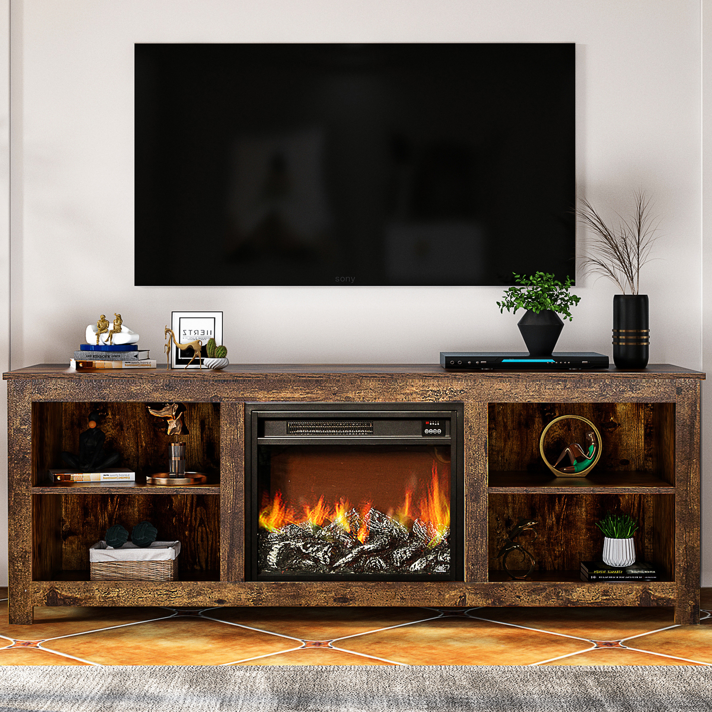 TV Stand with Fireplace, 58" Electric Fireplace Heater TV Stand for 65" Tvs, Wood Fake Fireplace Heater, Electric Fireplace Entertainment Center, Rustic Brown Furniture > Cabinets & Storage > Ironing Centers SESSLIFE Rustic Brown