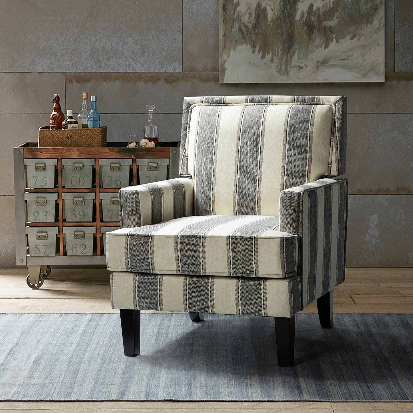 Filton Upholstery Armchair with Buffalo Check in Navy Furniture > Chairs > Arm Chairs, Recliners & Sleeper Chairs 14 Karat Home Grey Stripe