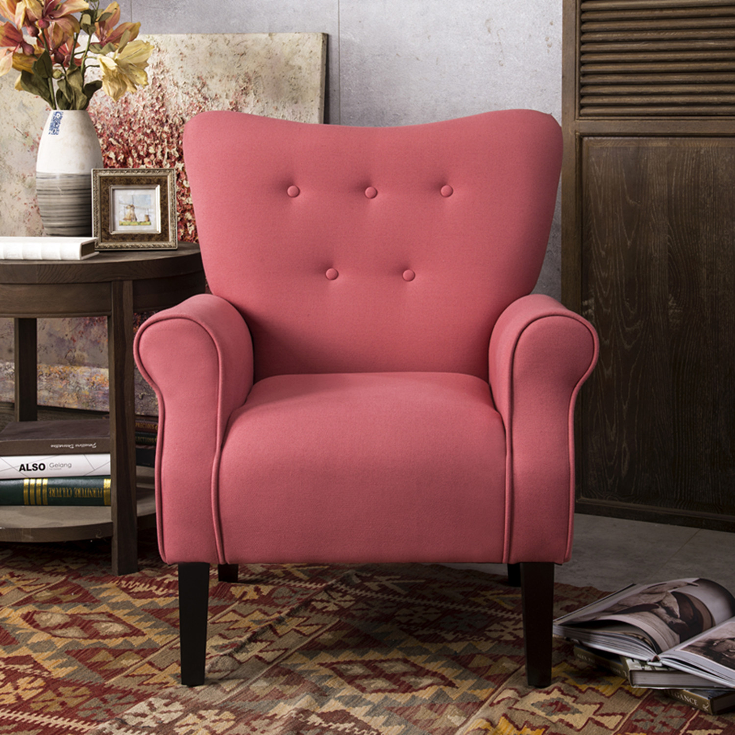 Accent Chair, Modern Button Tufted Wing Back Accent Chair with Wooden Leg and Thicken Cushion Upholstered Linen Leisure Lounge Chair with Roll Arm Single Sofa for Living Room Bedroom, Mallard Teal Furniture > Chairs > Arm Chairs, Recliners & Sleeper Chairs ARCTICSCORPION Brick