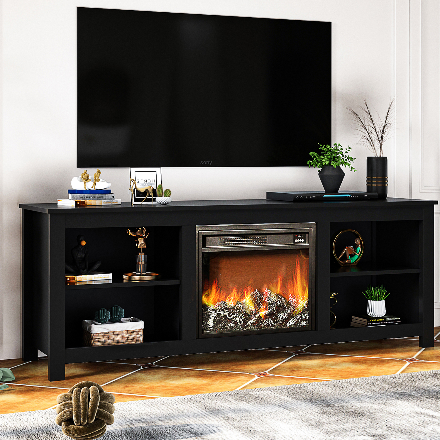 TV Stand with Fireplace, 58" Electric Fireplace Heater TV Stand for 65" Tvs, Wood Fake Fireplace Heater, Electric Fireplace Entertainment Center, Rustic Brown Furniture > Cabinets & Storage > Ironing Centers SESSLIFE Black