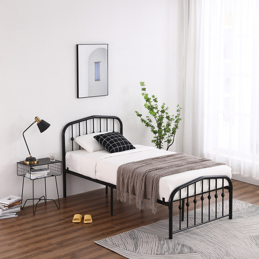 Single-Layer Curved Frame Bed Head and Foot Center Raised Vertical Pipe with Ball Decoration Twin Black Iron Bed