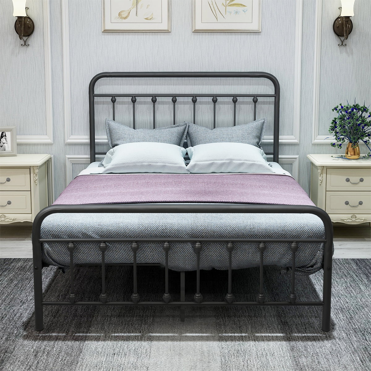 YOFE Full Size Heavy Duty Metal Platform Bed with Slats Support & Center Support Legs, Platform Bed with Iron Headboard and Footboard, Simplistic and Modern, Silver, D311 Furniture > Cabinets & Storage > Ironing Centers YOFE Black
