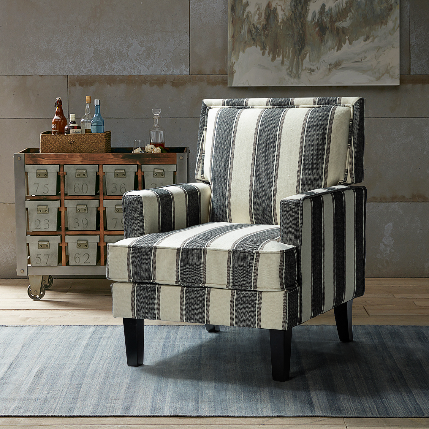Filton Upholstery Armchair with Buffalo Check in Navy Furniture > Chairs > Arm Chairs, Recliners & Sleeper Chairs 14 Karat Home Black Stripe