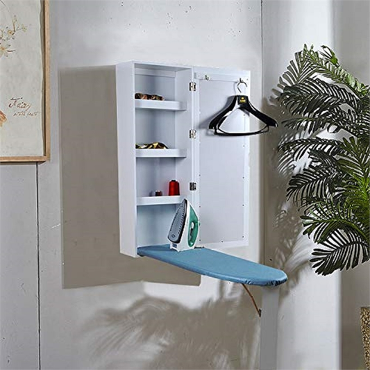 White Wall Mount Ironing Board Center Cabinet with Mirror and Storage Shelves
