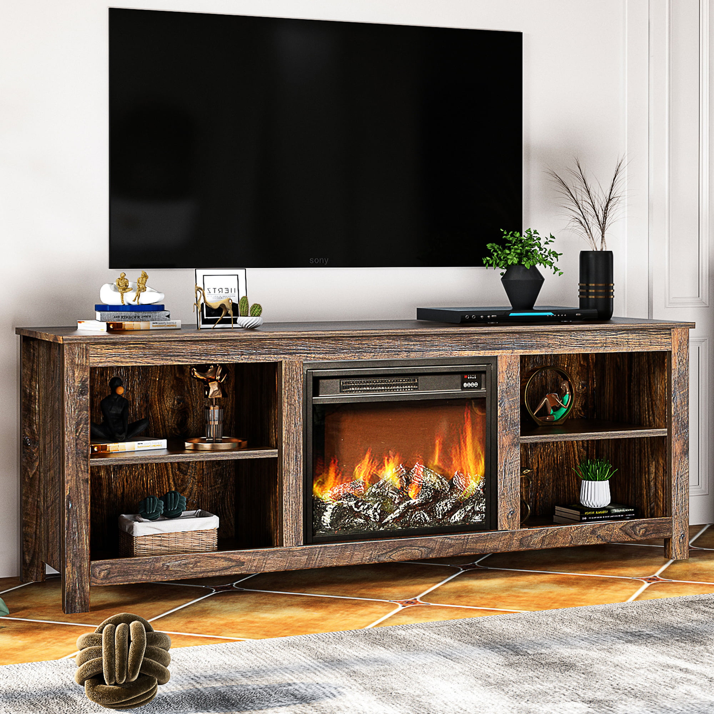 TV Stand with Fireplace, 58" Electric Fireplace Heater TV Stand for 65" Tvs, Wood Fake Fireplace Heater, Electric Fireplace Entertainment Center, Rustic Brown Furniture > Cabinets & Storage > Ironing Centers SESSLIFE Espresso