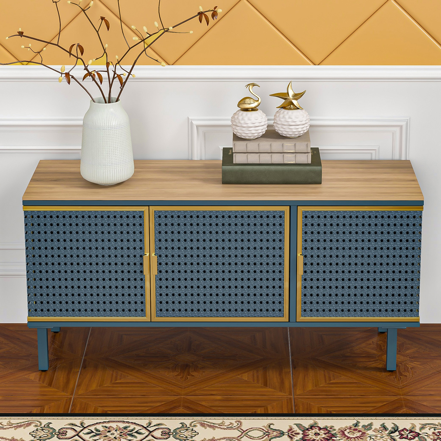 TV Stand with Storage Cabinet, Television Stands Entertainment Center with Shelves, Made of Iron and Carbonized Bamboo, Blue & Gray, LJ2794