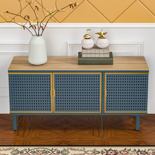 TV Stand with Storage Cabinet, Television Stands Entertainment Center with Shelves, Made of Iron and Carbonized Bamboo, Blue & Gray, LJ2794