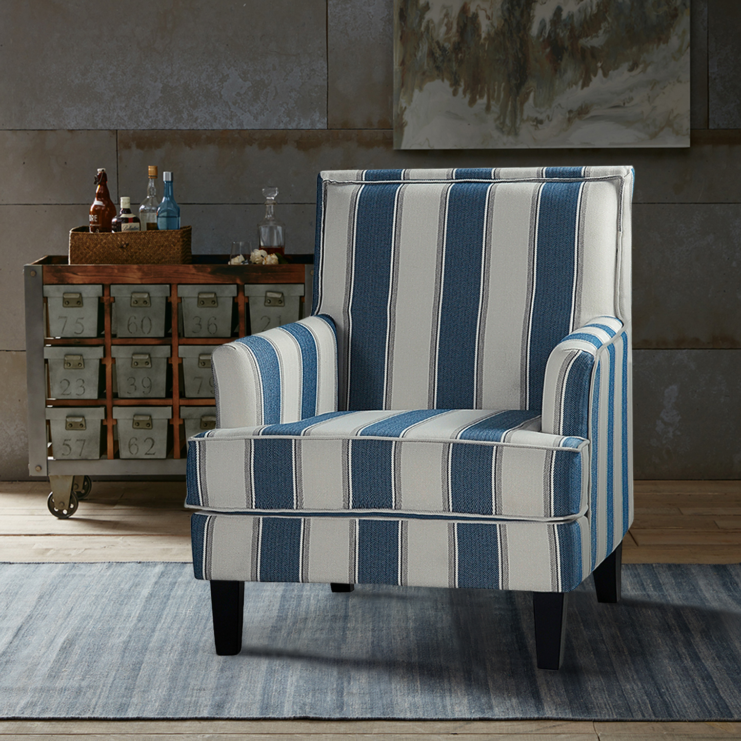 Filton Upholstery Armchair with Buffalo Check in Navy Furniture > Chairs > Arm Chairs, Recliners & Sleeper Chairs 14 Karat Home Stripe