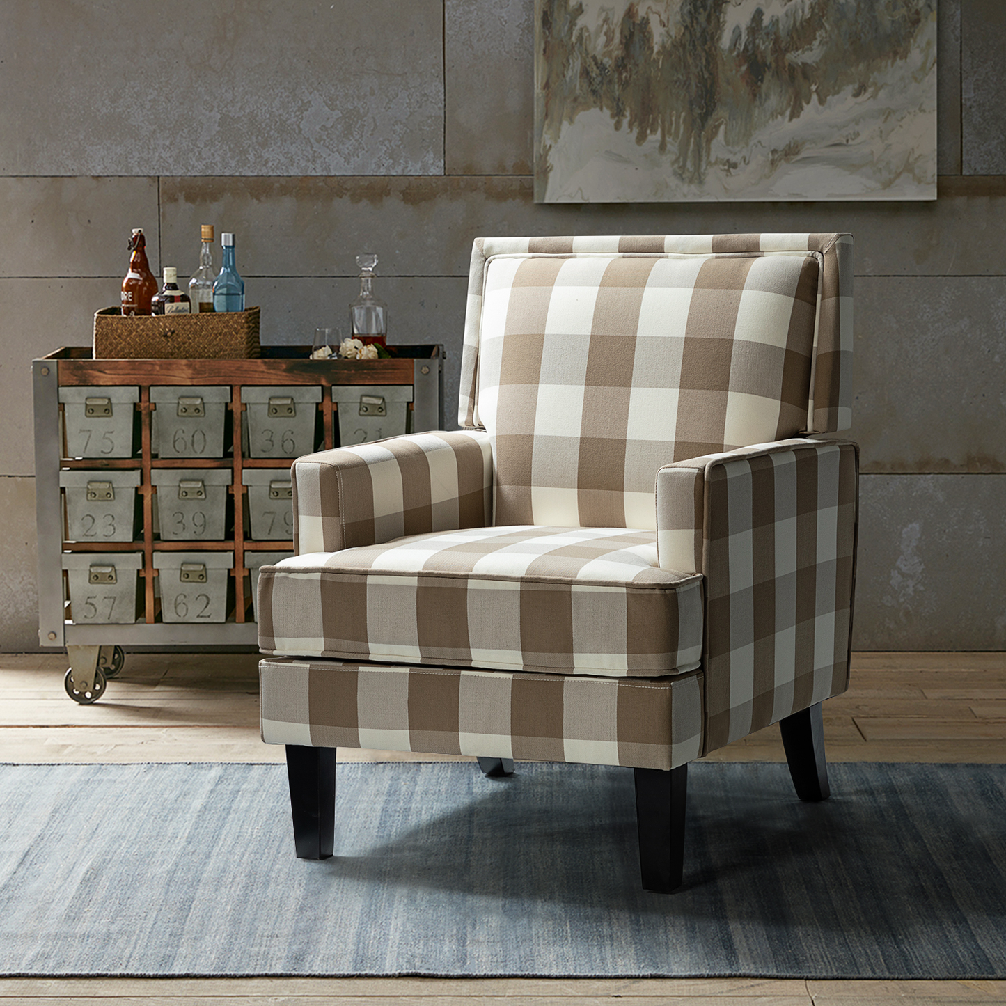 Filton Upholstery Armchair with Buffalo Check in Navy Furniture > Chairs > Arm Chairs, Recliners & Sleeper Chairs 14 Karat Home Tan