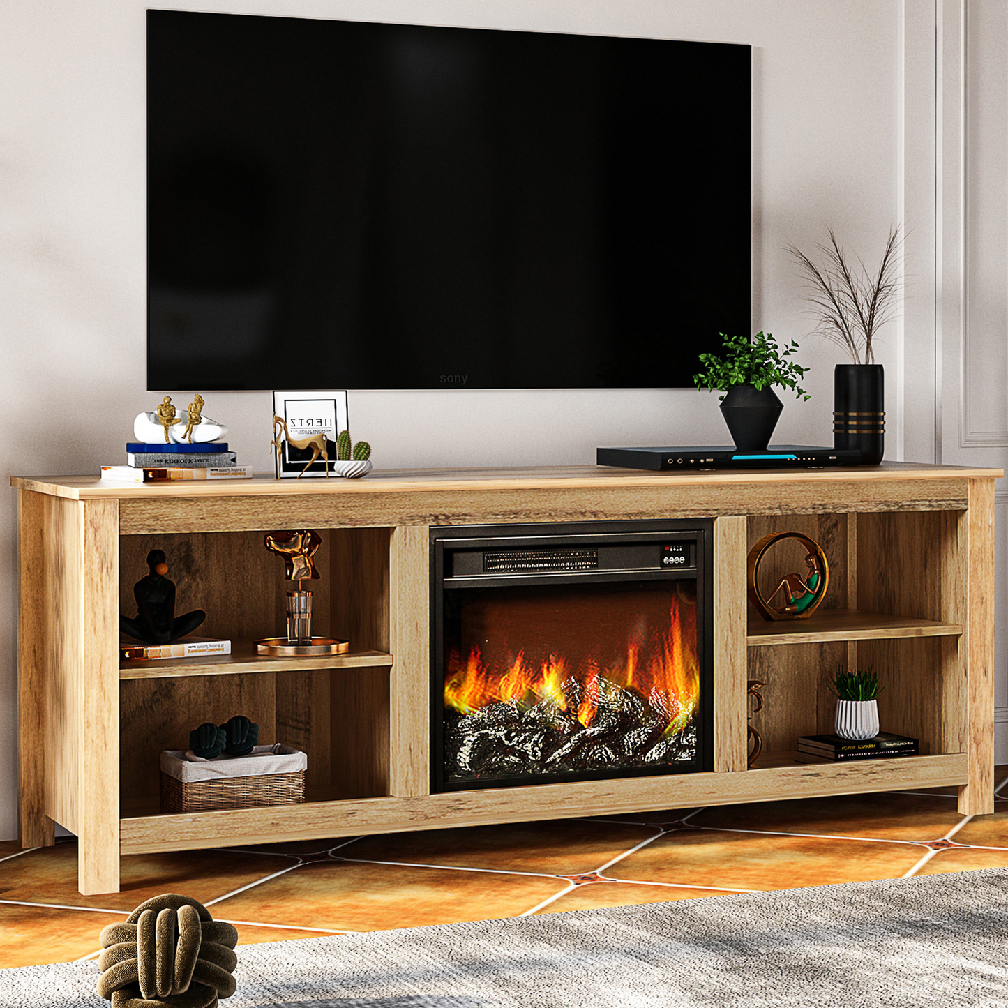 TV Stand with Fireplace, 58" Electric Fireplace Heater TV Stand for 65" Tvs, Wood Fake Fireplace Heater, Electric Fireplace Entertainment Center, Rustic Brown Furniture > Cabinets & Storage > Ironing Centers SESSLIFE Wood Color