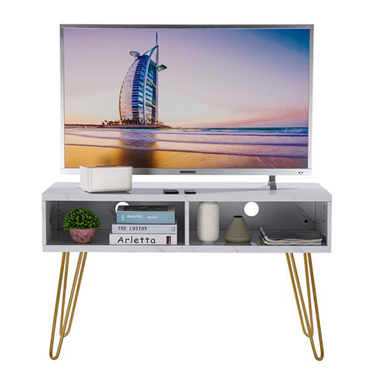 Romanda 42" TV Stand Marble Iron Foot TV Cabinet TV Console Unit with Storage Drawer Media Center DVD CD Storage Entertainment Station for Living Room and Bedroom, White