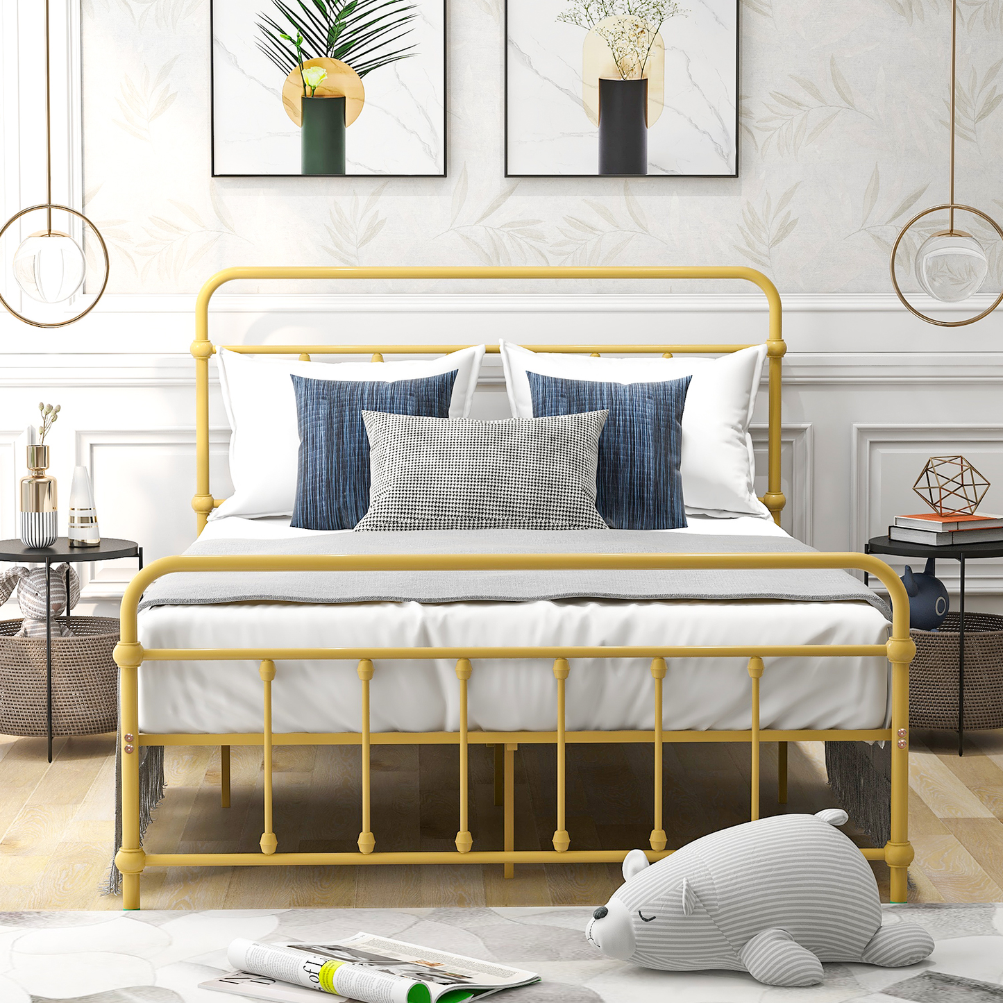 YOFE Full Size Heavy Duty Metal Platform Bed with Slats Support & Center Support Legs, Platform Bed with Iron Headboard and Footboard, Simplistic and Modern, Silver, D311 Furniture > Cabinets & Storage > Ironing Centers YOFE Yellow