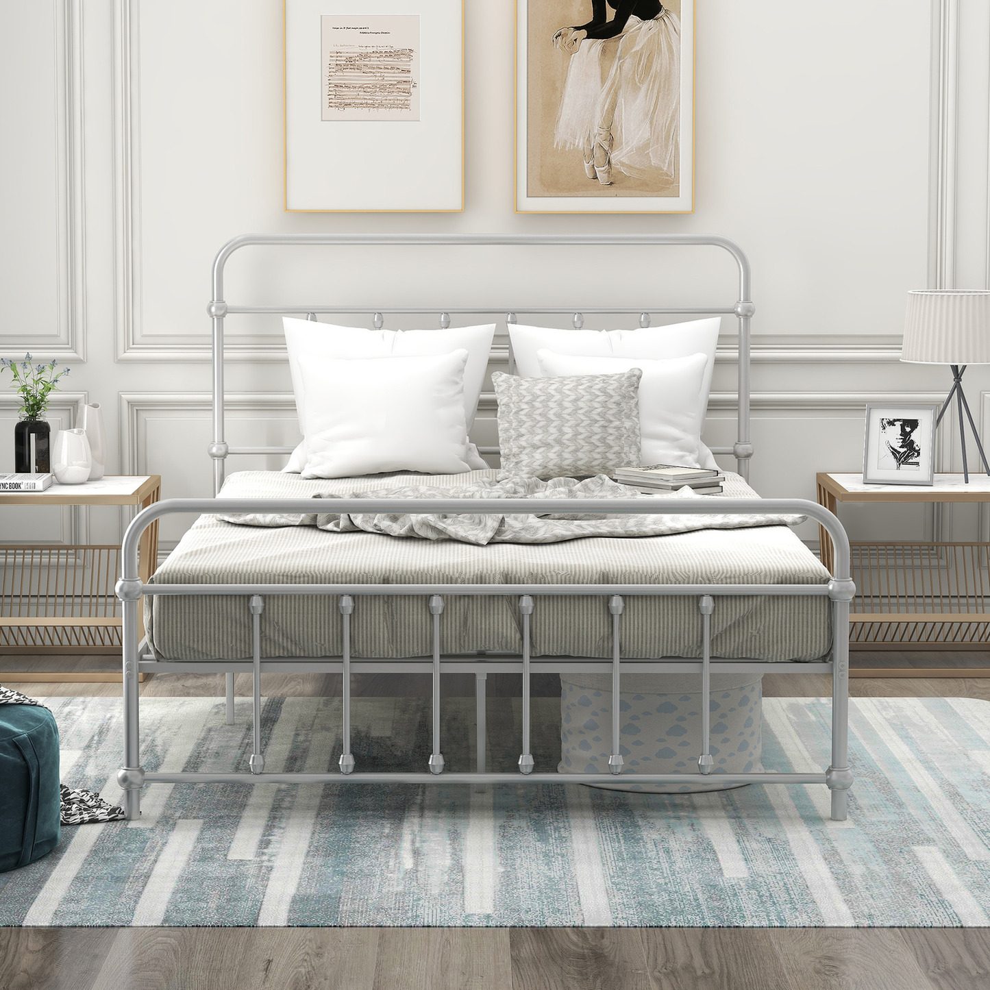 YOFE Full Size Heavy Duty Metal Platform Bed with Slats Support & Center Support Legs, Platform Bed with Iron Headboard and Footboard, Simplistic and Modern, Silver, D311 Furniture > Cabinets & Storage > Ironing Centers YOFE Silver