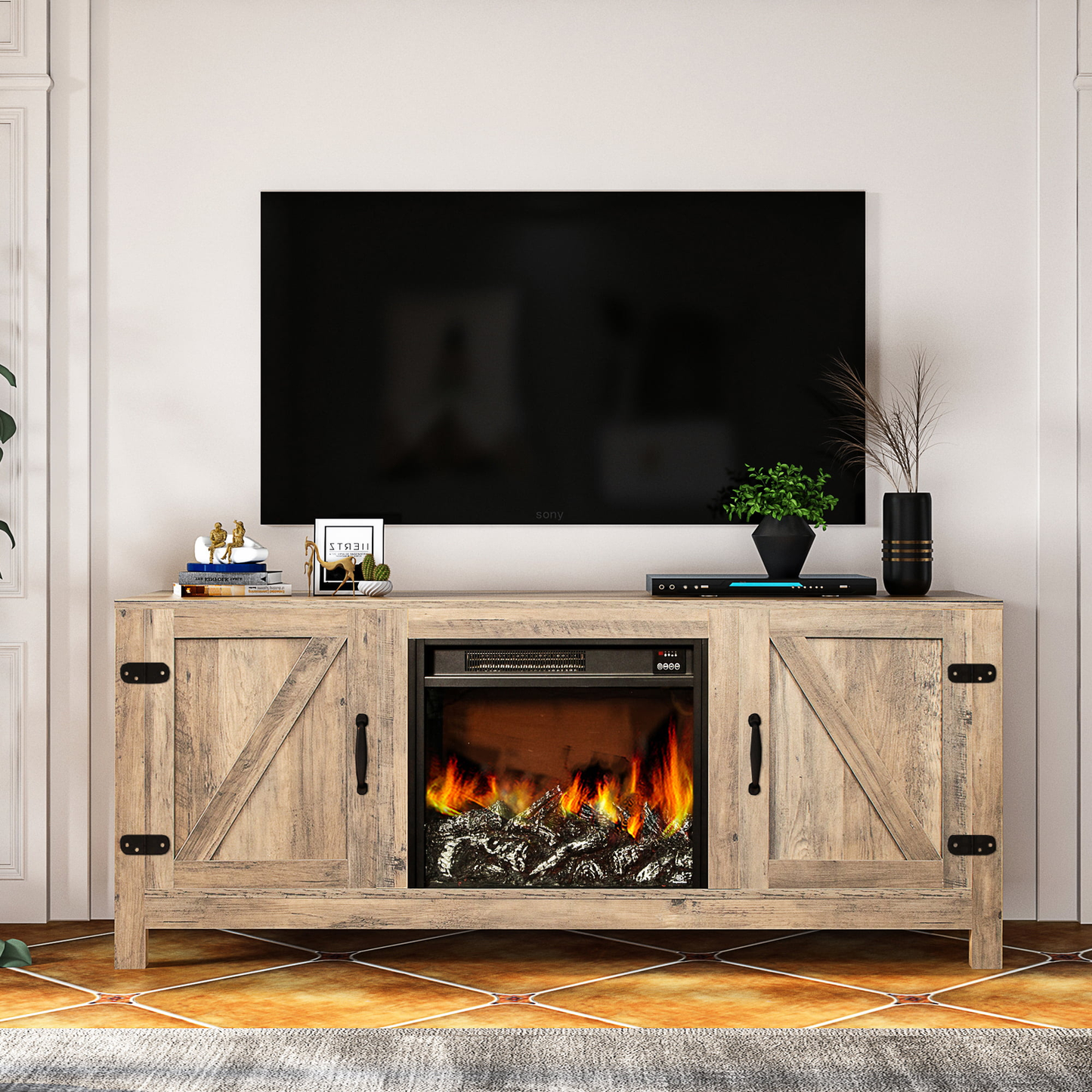 TV Stand with Fireplace, 58" Electric Fireplace Heater TV Stand for 65" Tvs, Wood Fake Fireplace Heater, Electric Fireplace Entertainment Center, Rustic Brown Furniture > Cabinets & Storage > Ironing Centers SESSLIFE Rustic-Brown Color